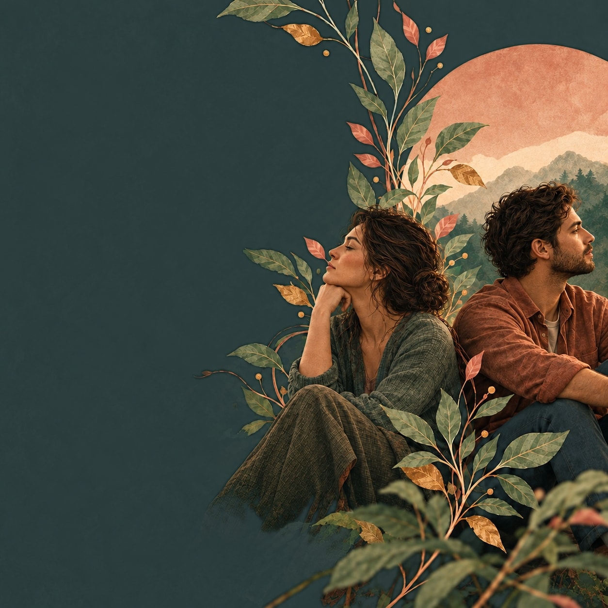 Illustration of a woman and a man sitting back to back among leaves, looking into the distance