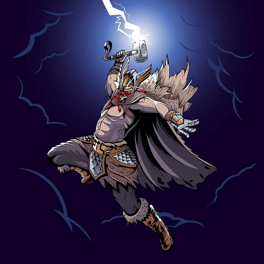 Thor in the clouds with his hammer raised