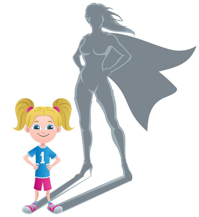 A little girl whose shadow is Wonder Woman signifies empowerment.
