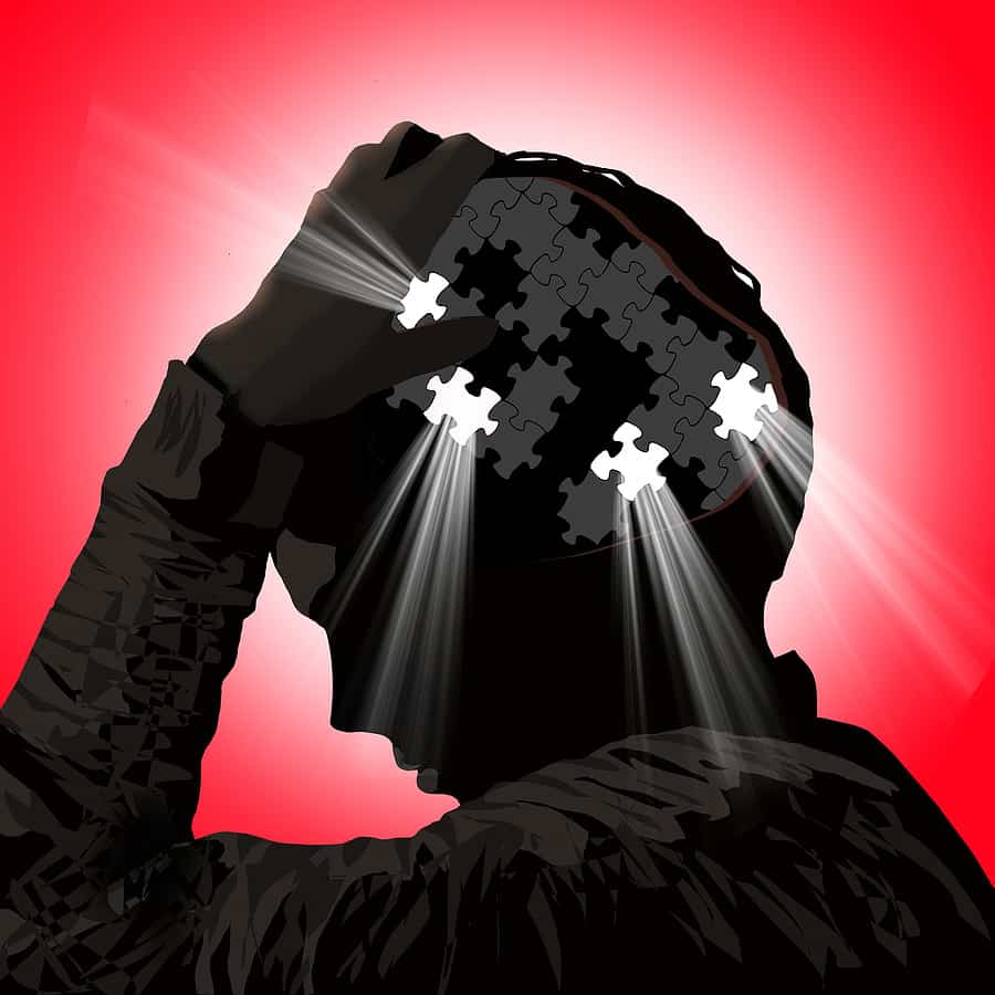 Shiloute of a woman with a puzzle with missing pieces in her head, representing pain and confusion from being betrayed again.